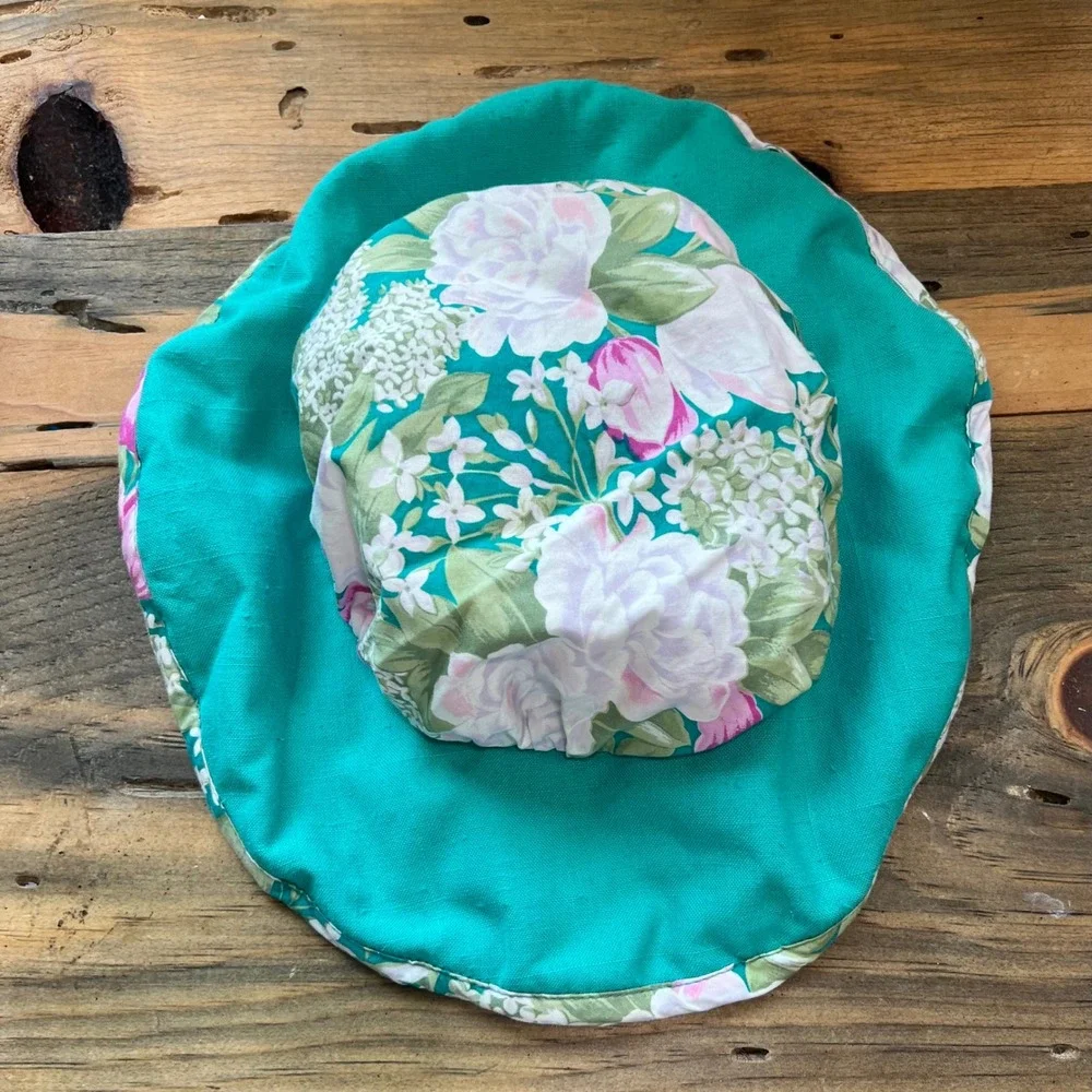 Handmade Toddler‎ Floral Bucket Hat Turquoise Green Pink Summer Sun Hat